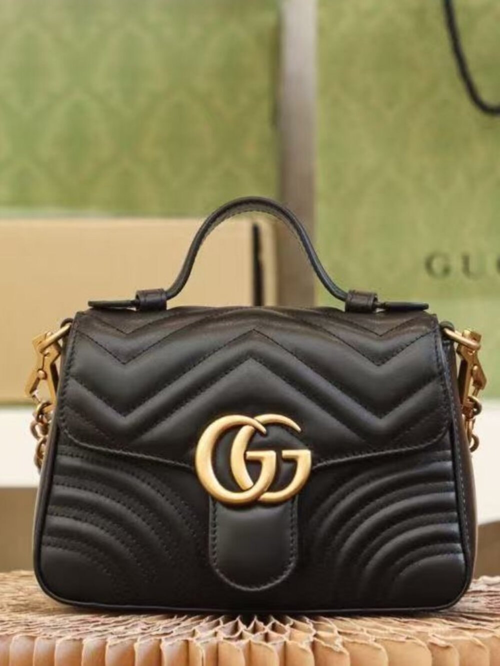 Authentic Gucci GG Marmont Mini Top Handle Bag Black Leather Quilted 547210 with